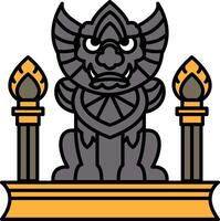 A statue of a dragon with a menacing look on its face stands in front of two lit vector