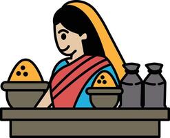 A woman is sitting at a table with a bowl of food in front of her vector