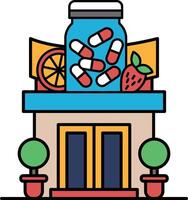 A cartoon drawing of a building with a blue jar on the roof vector