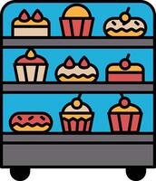 A cartoon image of a bakery display case with a variety of cakes and cupcakes vector