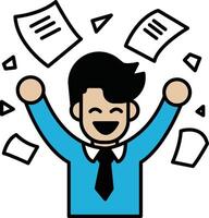 A man is smiling and holding papers in the air vector