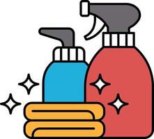 Two bottles of cleaning supplies, one blue and one red, with a towel in between vector