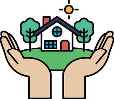 A house is being held in the hands of two people surrounded by trees vector