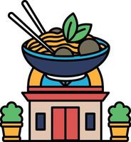 A cartoon drawing of a building with a bowl of noodles on top of it vector