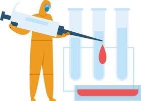 Scientist in hazmat suit injects red liquid into test tubes, with petri dish in foreground, showing lab research or medical testing vector