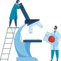 Two scientists are conducting research, with one adjusting a large microscope and the other holding a sample slide containing a red blood cell or other organic material vector