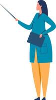 Female scientist in lab coat pointing and explaining with folder. Science presentation in laboratory setting. Emphasizes innovation and education. Suitable for professional and educational contexts vector
