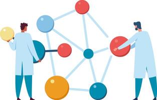Two scientists are building a molecule model, connecting atoms and demonstrating a scientific discovery in nanotechnology research vector