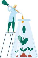 Scientist standing on a ladder adding liquid with a dropper to a beaker with plants growing inside, representing research, science, and growth vector