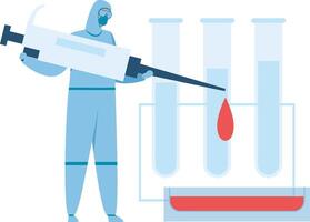 Scientist wearing hazmat suit dropping blood sample into test tube using a giant syringe, doing scientific experiment in laboratory vector