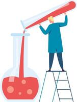 Scientist pouring red liquid into a beaker in a busy lab, showcasing precision and focus in a captivating chemistry experiment vector