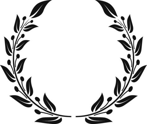 Symmetrical black and white laurel wreath creating a circular frame, featuring detailed leaves and berries, suitable for various design and decorative purposes