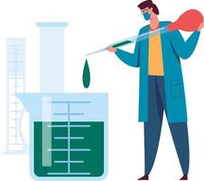 Scientist wearing a lab coat and face mask uses a pipette to add reagent to a graduated cylinder containing a green liquid, conducting a scientific experiment vector