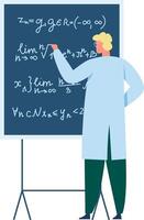 Scientist wearing lab coat and glasses writing complex mathematical formulas and limits on a blackboard during a lecture or presentation vector
