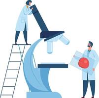 Two scientists in white coats are conducting research, one adjusting a large microscope while standing on a ladder and the other holding a glass slide with a sample vector