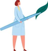 Female scientist carrying a giant paintbrush with a leaf symbolizing eco friendly innovation and sustainable practices in scientific research and development vector
