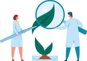Two scientists in lab coats examine a small plant sample with a magnifying glass and tweezers, showing botany or agriculture research vector