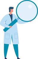 Scientist wearing a lab coat is holding a large magnifying glass, symbolizing scientific investigation, analysis, and the search for knowledge and breakthroughs vector