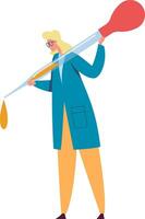 Focused female scientist in a lab coat drops orange liquid into a beaker with a giant pipette in a laboratory. Surrounded by scientific equipment. Conveying discovery and innovation in chemistry vector