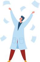 Medical professional throwing papers in the air celebrating a new discovery or successful research and development. Expressing joy and excitement for achieving a breakthrough in science and medicine vector