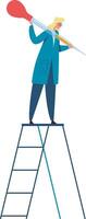 Female scientist wearing lab coat and glasses standing on ladder and holding oversized pipette containing yellow liquid during scientific experiment vector