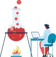 Scientist working on laptop analyzing results of chemistry experiment with bubbling red liquid in flask over fire, concept of scientific research and discovery vector