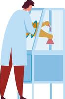 Scientist wearing lab coat pouring liquid into erlenmeyer flask performing experiment in laboratory using modern equipment and advanced technology vector