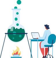 Chemical experiment boiling on fire with scientist analyzing results on laptop, representing scientific research, laboratory work, and chemical reactions vector