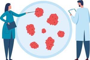 Scientists analyzing bacteria and viruses in a lab for medical research, collaborating to make new healthcare discoveries vector