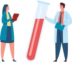 Two scientists in lab coats are performing experiments, holding a clipboard and analyzing a giant test tube containing a red liquid, conducting research and analysis in a laboratory setting vector