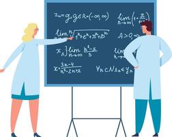 Two scientists, a woman and a man, are studying complex mathematical formulas written on a blackboard, engaging in scientific discussion and analysis vector