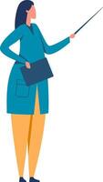 Female scientist wearing lab coat holding folder and pointing with stick during presentation or lecture, scientific research and development concept vector