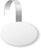 Round white wobbler hanging from a metallic strip, ideal for promoting sales, discounts, or special offers in a retail environment, creating visual appeal and attracting customer attention vector