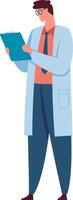 Focused doctor in glasses and lab coat reads a medical report, showing expertise and dedication in healthcare vector