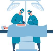 Two surgeons wearing surgical masks, gowns, and gloves are performing a surgical operation on a patient lying on an operating table under bright surgical lights vector