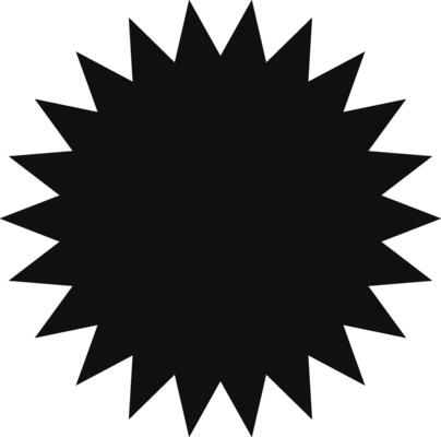 Simple black starburst shape features numerous sharp points radiating outward from a central point, creating a dynamic and eye catching design element