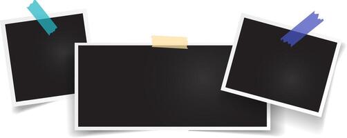 Realistic illustration of three blank photo frames attached with adhesive tapes on white background, creating a customizable template for showcasing memories or artwork vector