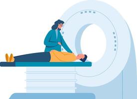 Doctor reassuring patient lying on a gurney, preparing to enter mri machine for a diagnostic scan, highlighting healthcare and medical technology vector