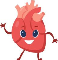 Cartoon illustration of a happy human heart waving and smiling, promoting health, cardiology, and medical concepts with a cheerful and engaging design vector