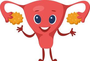 Cartoon illustration of a smiling uterus character holding ovaries, representing the female reproductive system in a friendly and educational way vector