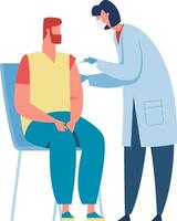 Doctor vaccinating a patient sitting on a chair, showcasing healthcare and prevention in action. The scene emphasizes the importance of immunization for safeguarding against diseases vector