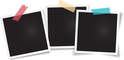 Three blank instant photo prints with colorful adhesive tape create a nostalgic backdrop, perfect for showcasing memories or adding a vintage touch vector