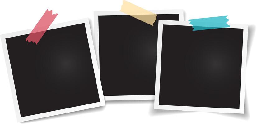 Three blank instant photo prints with colorful adhesive tape create a nostalgic backdrop, perfect for showcasing memories or adding a vintage touch