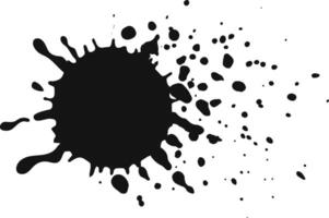 Black ink splashes and spreads on a white background, creating a dynamic abstract shape with tiny droplets. Perfect for projects needing monochrome contrast and texture vector