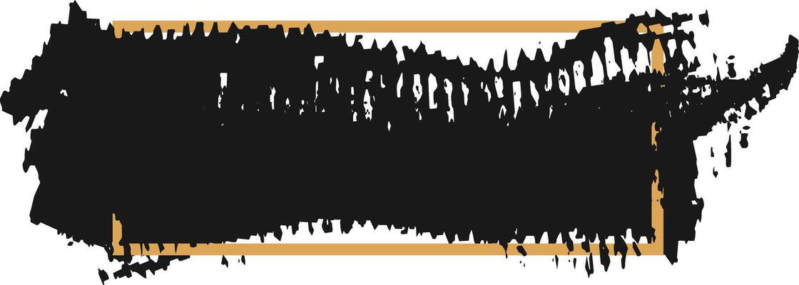 Black grunge brush stroke with a gold border creates a dynamic frame, leaving an empty space for text or design elements, conveying a sense of raw energy and artistic expression