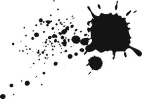 Black ink splatters and drips across a clean white background, creating an artistic mess with varying sized droplets and a large, irregular shaped blot vector