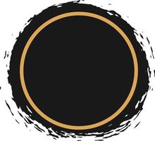 Black circle with gold border surrounded by dynamic, textured brushstrokes, creating a bold and artistic design element on a clean white background vector