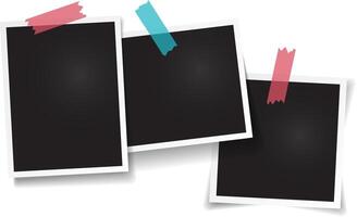 Three blank instant photo prints displayed with colorful adhesive tape, perfect for memories and creative projects. Customize them for diy decoration, greeting cards, and more vector
