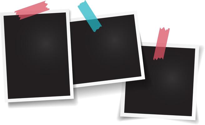 Three blank instant photo prints displayed with colorful adhesive tape, perfect for memories and creative projects. Customize them for diy decoration, greeting cards, and more