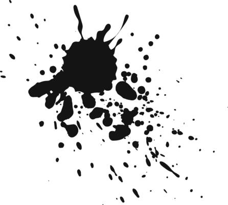 Black ink splattering on white background. Creating chaotic abstract shapes with various droplets and splashes. Adding grungy texture. Capturing fluid energy in motion. Perfect for creative projects